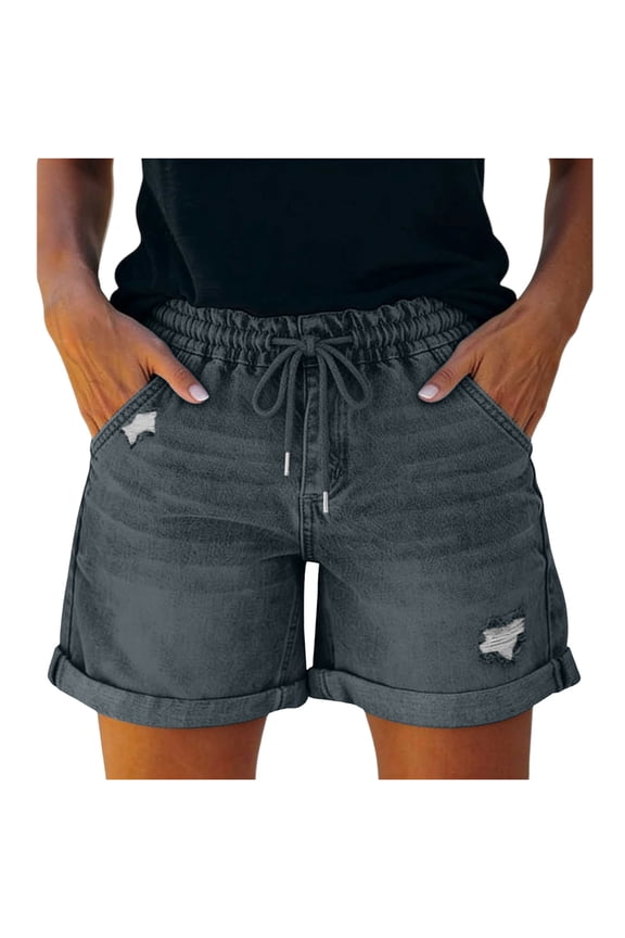 Womens Jean Shorts Rolled Hem Ripped Drawstring Elastic Waist Summer Casual Denim Short