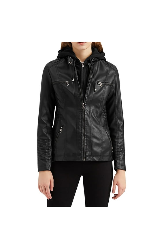 Womens Leather Jacket Long Sleeve Zip up Hooded Jacket Coat Slim Biker Jacket Outerwear