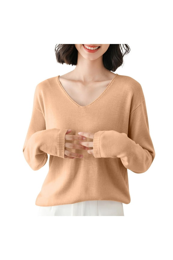 Womens Lightweight Knit T-Shirts V-Neck Ribbed Cuff Long Sleeve Solid Color Breathable Base Layer Casual Daily Tees Tops