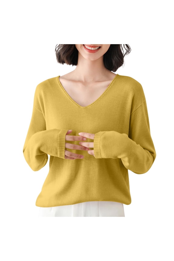 Womens Lightweight Knit T-Shirts V-Neck Ribbed Cuff Long Sleeve Solid Color Breathable Base Layer Casual Daily Tees Tops