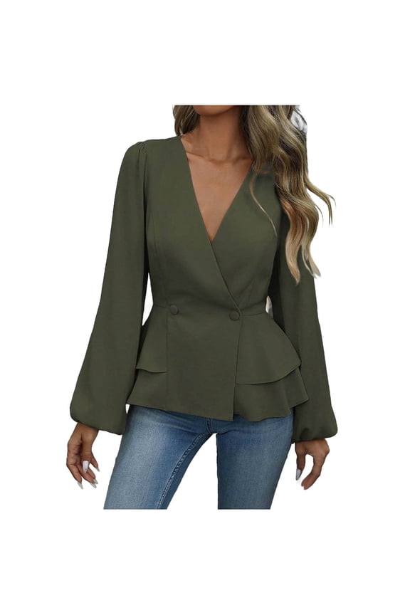 Womens Long Sleeve Blouses Wrap Long Sleeve V-Neck Business Casual Tops Open Front Elegant Lightweight Shirt with Button