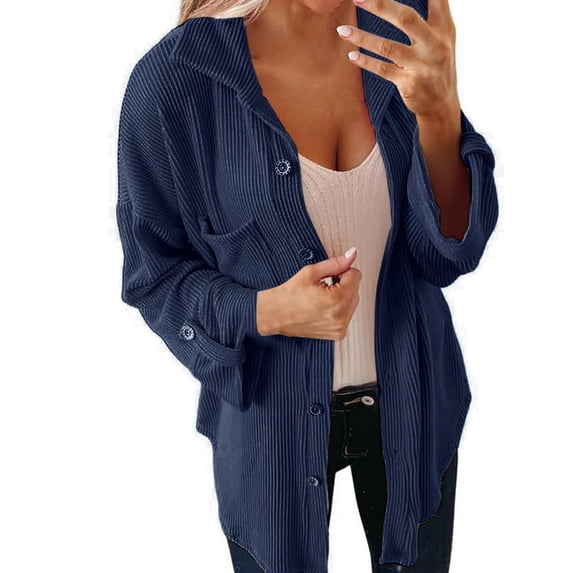 ShomPort Womens Long Sleeve Ribbed Shacket Jackets Button down Lapel Shirts with Pocket Fall Trendy