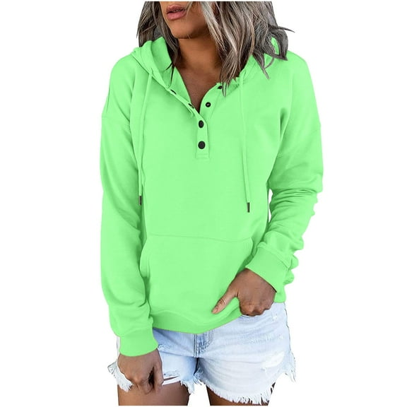ShomPort Womens Long Sleeve Tops Solid Color Loose Comfy Hoodies Drawstring Pockets Sweatshirt Winter Fall Clothes