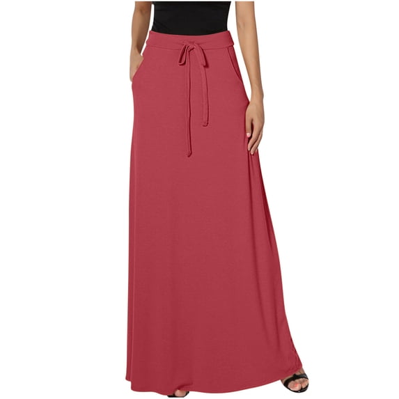 ShomPort Womens Maxi Skirts High Waist Drawstring Long A-Line Skirts Summer Casual Loose ted Skirts with Pockets (X-Large, Watermelon Red)