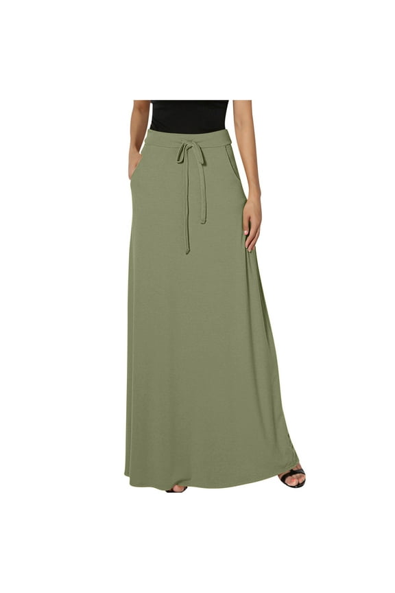 Womens Maxi Skirts High Waist Drawstring Long A-Line Skirts Summer Casual Loose ted Skirts with Pockets (Small, Army Green)