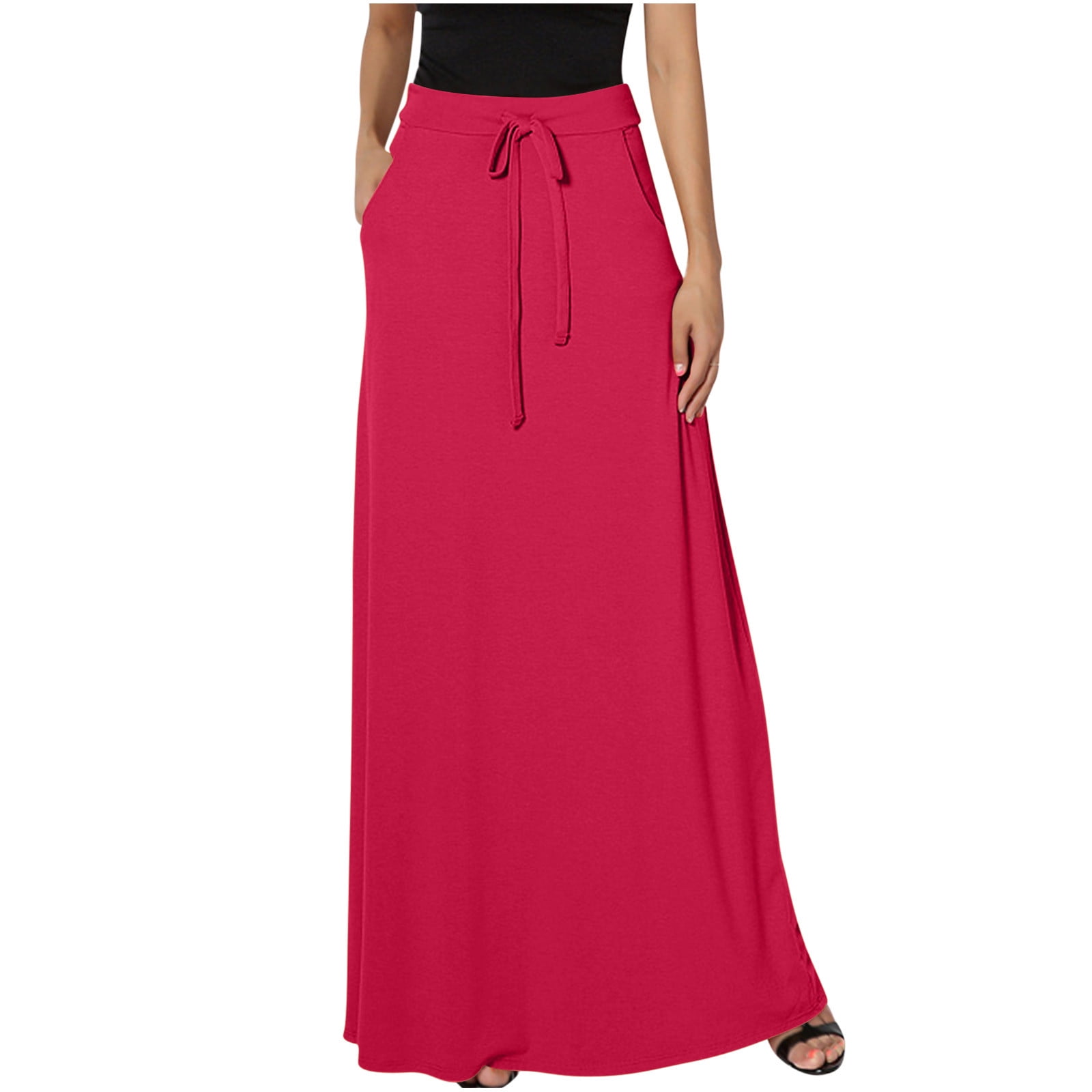 Womens Maxi Skirts High Waist Drawstring Long A-Line Skirts Summer Casual Loose ted Skirts with Pockets (X-Large, Watermelon Red)