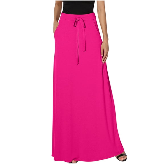 ShomPort Womens Maxi Skirts High Waist Drawstring Long A-Line Skirts Summer Casual Loose ted Skirts with Pockets (XX-Large, Hot Pink)