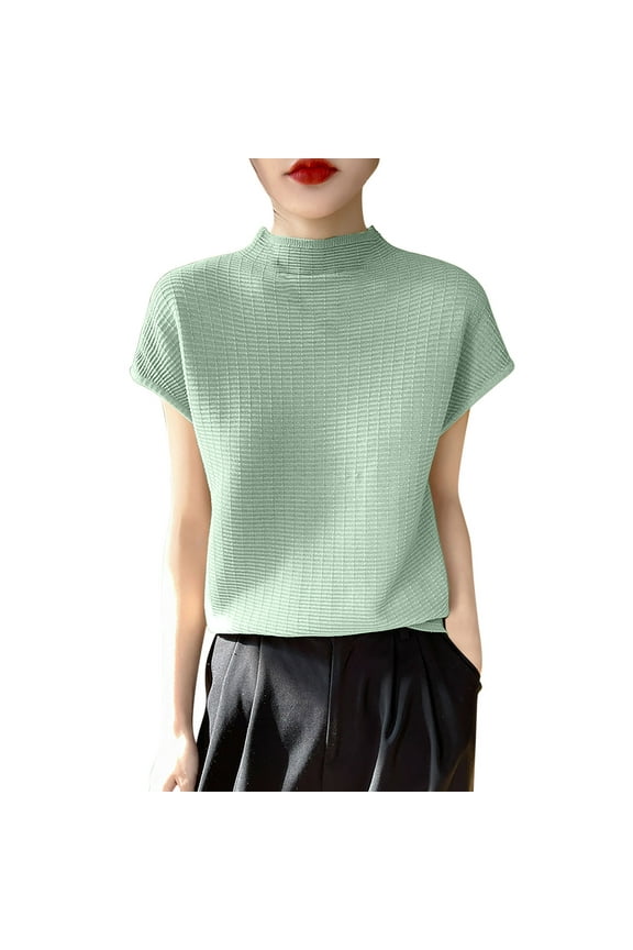 Womens Mock Neck Short Sleeve Blouses Lightweight Textured Solid Color T-Shirts Business Casual Breathable Summer Dailywear