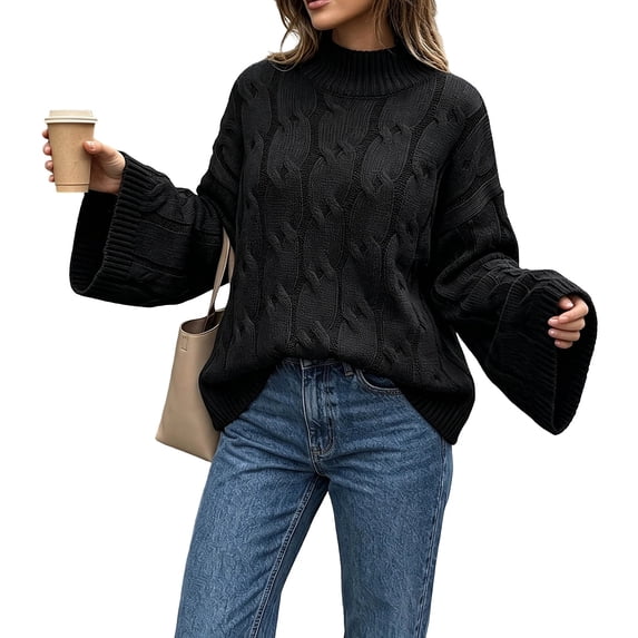 ShomPort Womens Oversized Sweater Turtleneck Cable Knit Soft Long Sleeve Pullover Fall Winter Sweaters Casual Tops
