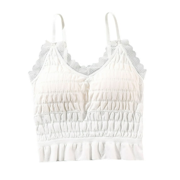 ShomPort Womens Padded Crop Tops Adjustable Straps U-Neck Sleeveless Ruffle Lace Trim Comfy Pajamas Cute Breathable Nightwear