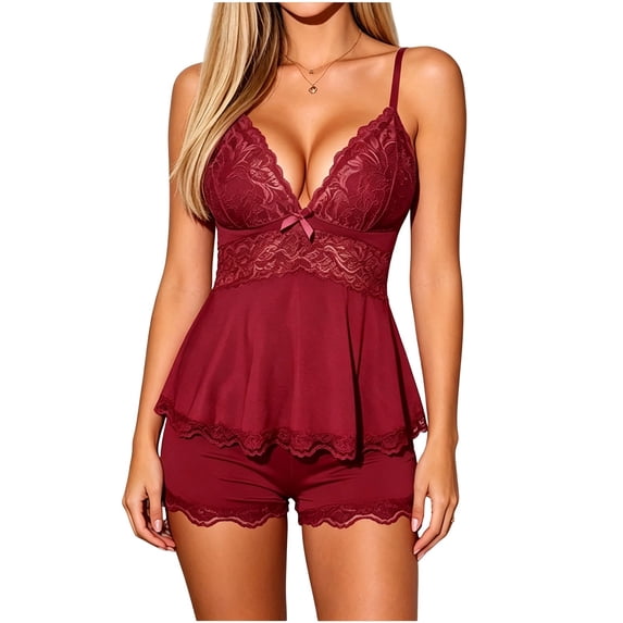 ShomPort Womens Pajama Sets Elegant Soft Lace Bow V Neck Camisole Tops Shorts Nightwear Pjs Sets