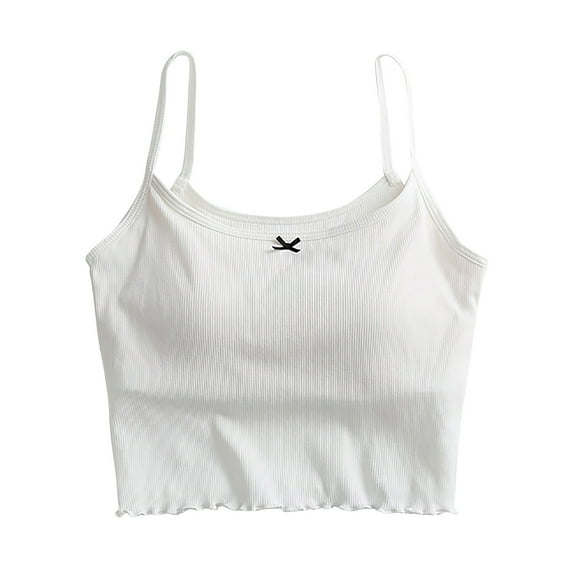 ShomPort Womens Pajamas Lace Solid Color Front Bow Knot Cotton Crop Tank Tops Soft Fixed Cup Padded Lightweight Nightwear
