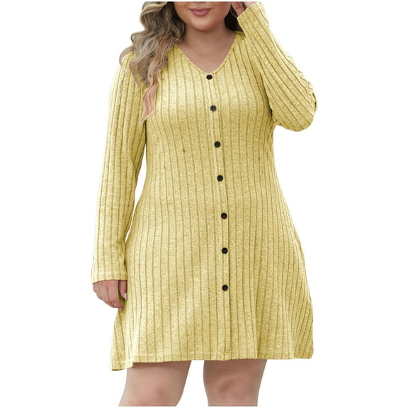 ShomPort Womens Plus Size Knitted Mini Dresses Casual V-Neck Long Sleeve Buttons Sweaters