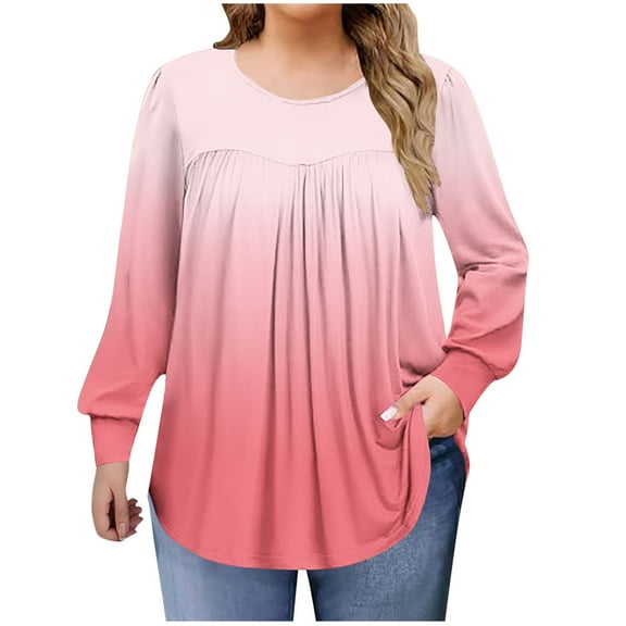ShomPort Womens Plus Size T-Shirts Gradient Color Pleated Crew Neck Cuffed Long Sleeve Casual Tops Stylish Pullover Dailywear
