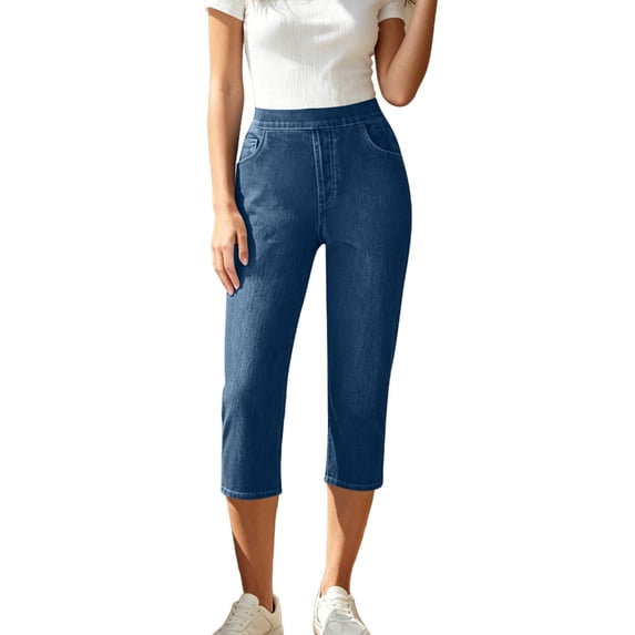 ShomPort Womens Pull On Jean Capris Straight Slim with Pockets Stretchy Active Washed Denim Capri Pants