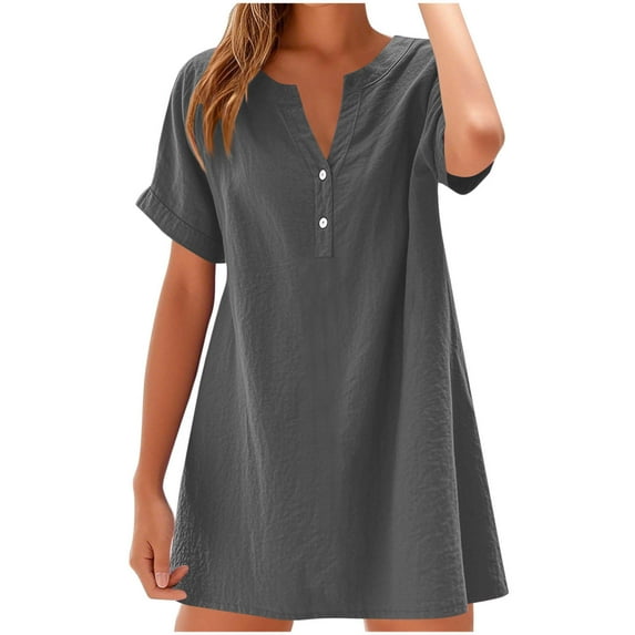 ShomPort Womens Shirt Dress Summer Casual Cotton Linen Button up V Neck Short Sleeve Mini Dresses Dailywear