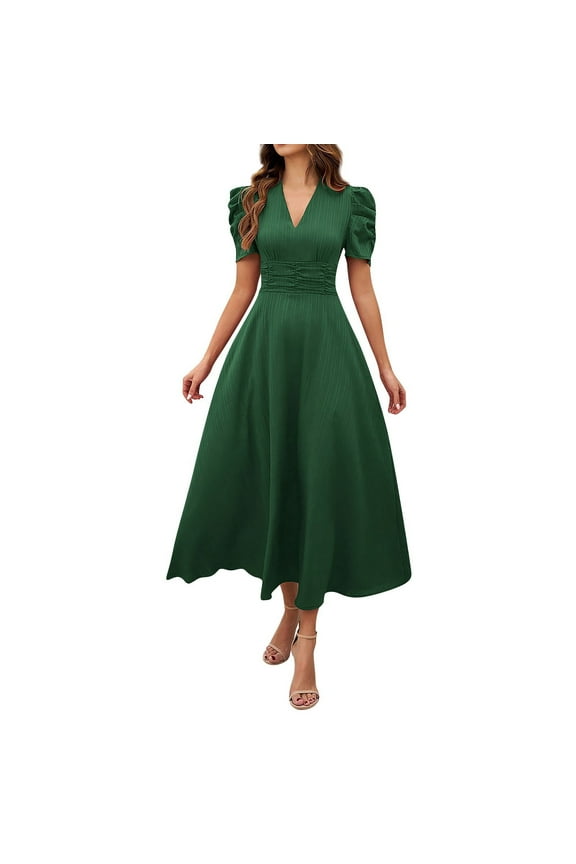 Womens Short Sleeve Midi Dress V-Neck High Tapered Waist A-Line Elegant Sundress Summer Vacation Casual Dailywear