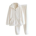 thumbnail image 1 of ShomPort Womens Sleepwear Set Textured Zip Up Lapel Long Sleeve Thick Nightwear Casual Fall Winter Daily Pajamas with Pockets, 1 of 3