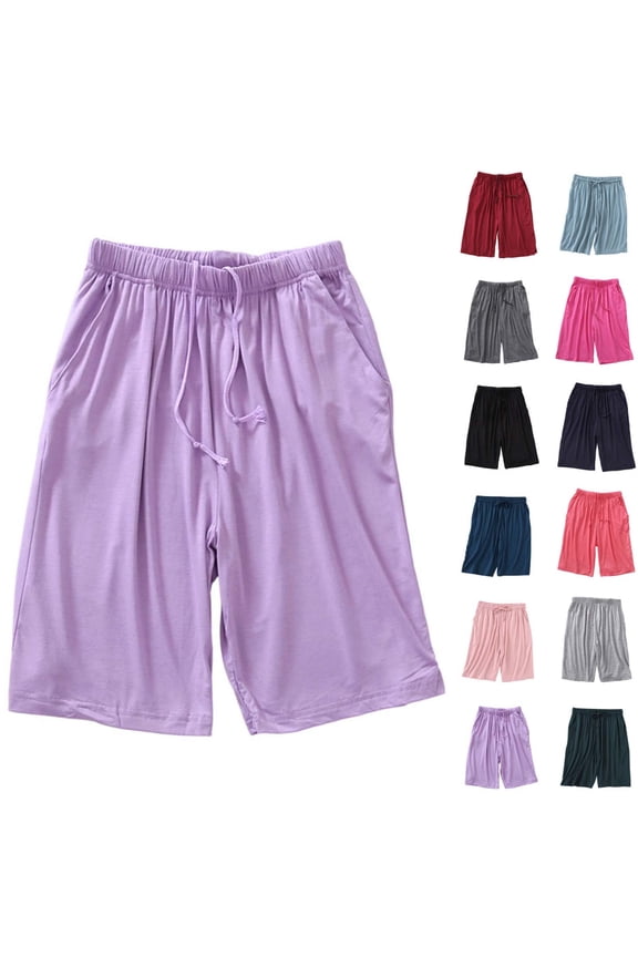 Womens Soft Pajama Shorts Comfy Loose Stretchy Drawstring Waist Knee Length Sleep Lounge Short