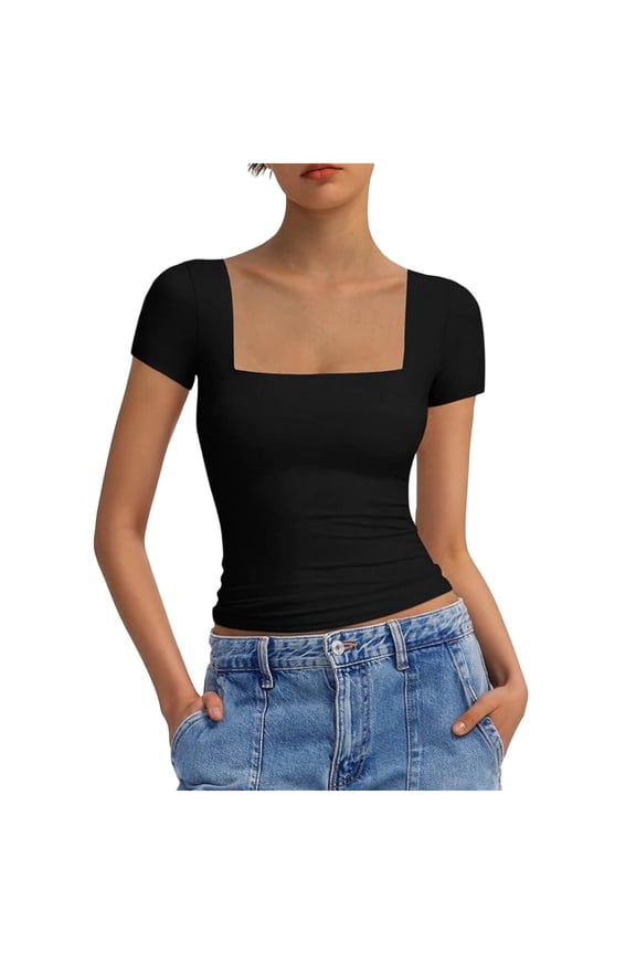 Womens Square Neck T Shirts Slim Short Sleeve Summer Basic Tees Fitted Going Out Tops