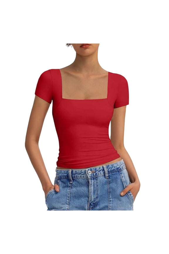 Womens Square Neck T Shirts Slim Short Sleeve Summer Basic Tees Fitted Going Out Tops