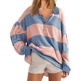thumbnail image 1 of ShomPort Womens Striped Color Block Oversized Sweatshirt V-Neck Button Down Long Sleeve Pullover Tops, 1 of 5