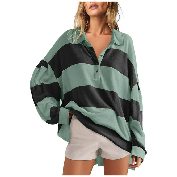 ShomPort Womens Striped Color Block Oversized Sweatshirt V-Neck Button Down Long Sleeve Pullover Tops