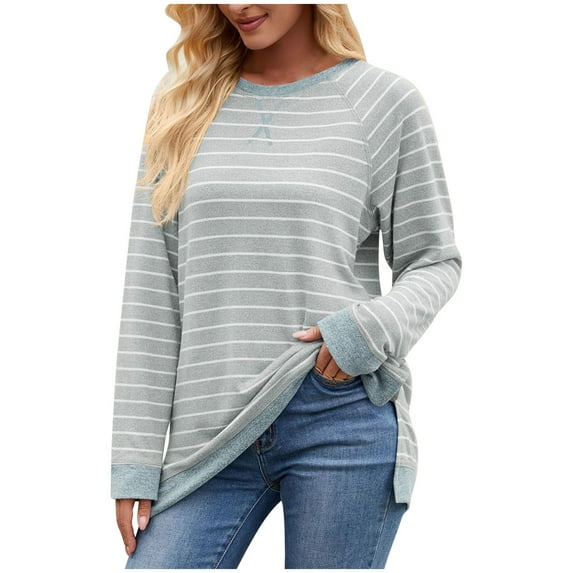 ShomPort Womens Striped Long Sleeve Shirts Cotton T-Shirt Loose Crew Neck Tunic Tops Fall