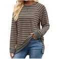 thumbnail image 1 of ShomPort Womens Striped Long Sleeve Shirts Cotton T-Shirt Loose Crew Neck Tunic Tops Fall, 1 of 8