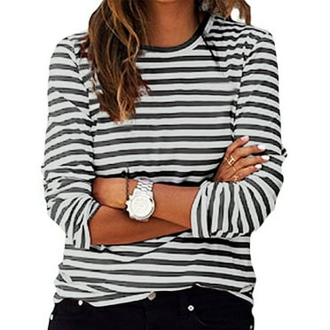 ShomPort Womens Striped T-Shirts Comfortable Round Neck Long Sleeve Tops Casual Shirt Pullover