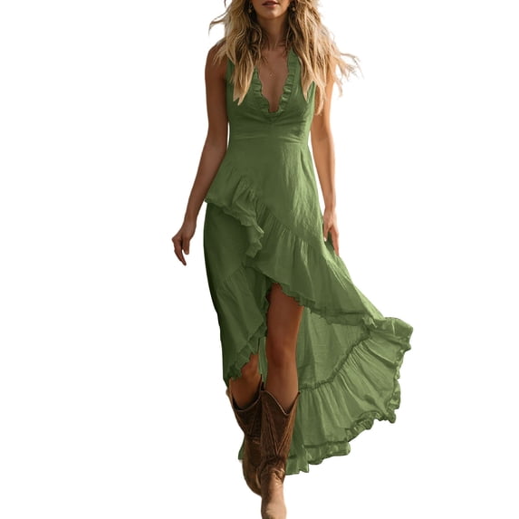 ShomPort Womens Summer Dresses Flowy Ruffle Hem Deep V Neck Sleeveless Elegant Vacation Boho Sundresses