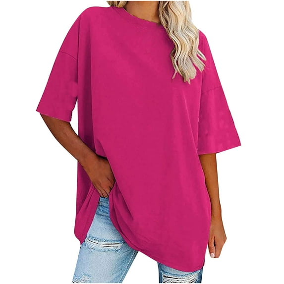 ShomPort Womens Summer Tops Short Sleeve V Neck Comfy Loose ted T-Shirts Solid Color Pullover Casual Tee Basic Tops (Large, Hot Pink)