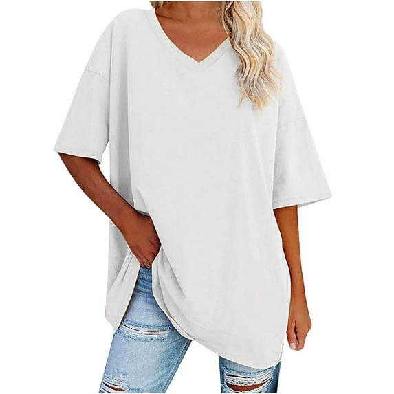 ShomPort Womens Summer Tops Short Sleeve V Neck Comfy Loose ted T-Shirts Solid Color Pullover Casual Tee Basic Tops (Medium, White)