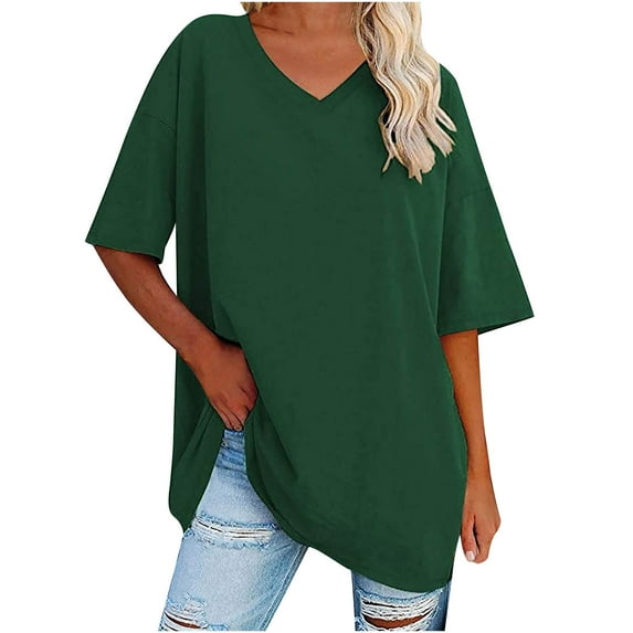 ShomPort Womens Summer Tops Short Sleeve V Neck Comfy Loose ted T-Shirts Solid Color Pullover Casual Tee Basic Tops (XX-Large, Green)