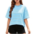 thumbnail image 1 of ShomPort Womens Summer Tops Casual Striped Tie Back Short Sleeve Crew Neck Blouse Dressy Loose T Shirts, 1 of 7