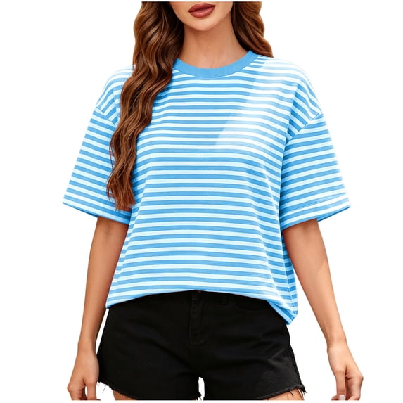 ShomPort Womens Summer Tops Casual Striped Tie Back Short Sleeve Crew Neck Blouse Dressy Loose T Shirts