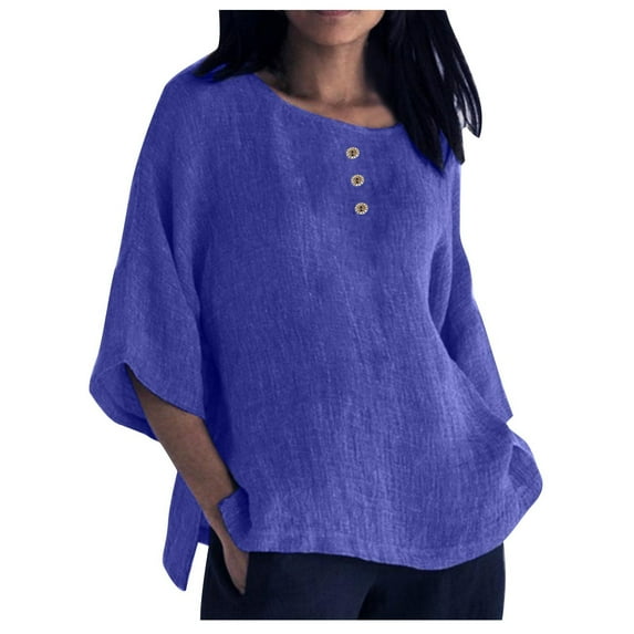 ShomPort Womens Summer Tops Cotton Linen Casual Crew Neck 3/4 Sleeve Tunic Tops Solid Color Comfy ted Basic Tops (5X-Large, Blue)