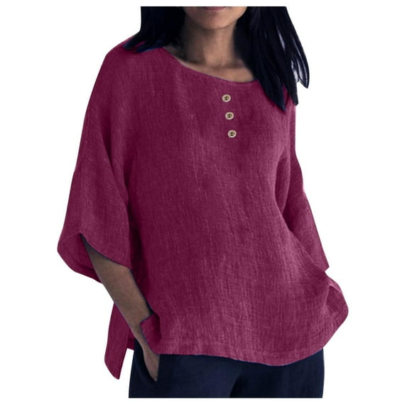 ShomPort Womens Summer Tops Cotton Linen Casual Crew Neck 3/4 Sleeve Tunic Tops Solid Color Comfy ted Basic Tops (5X-Large, Purple)