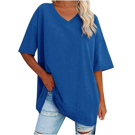 ShomPort Womens Summer Tops Short Sleeve V Neck Comfy Loose T-Shirts Solid Color Pullover Casual Tee Basic Tops