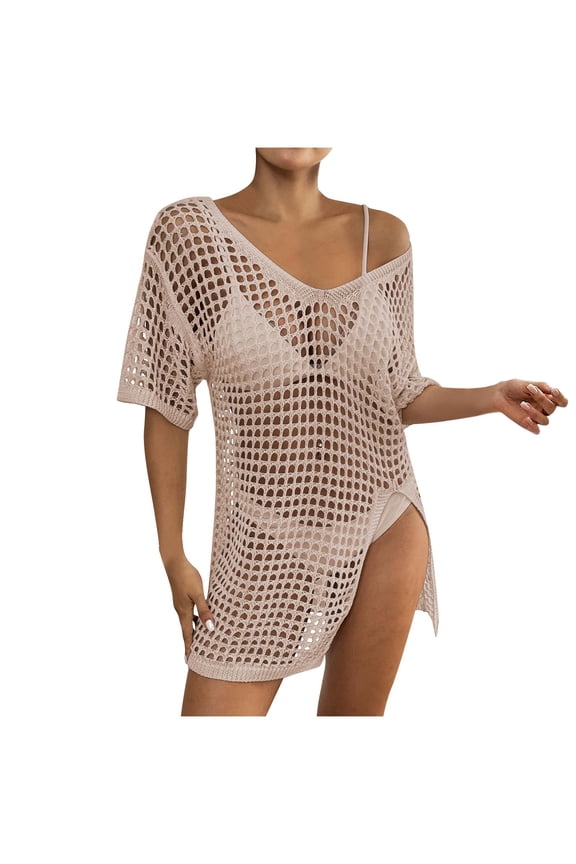 Womens Swim Coverups Mini Dress See Through V Neck Short Sleeve Swimwear Bikini Vacation Beach Dress