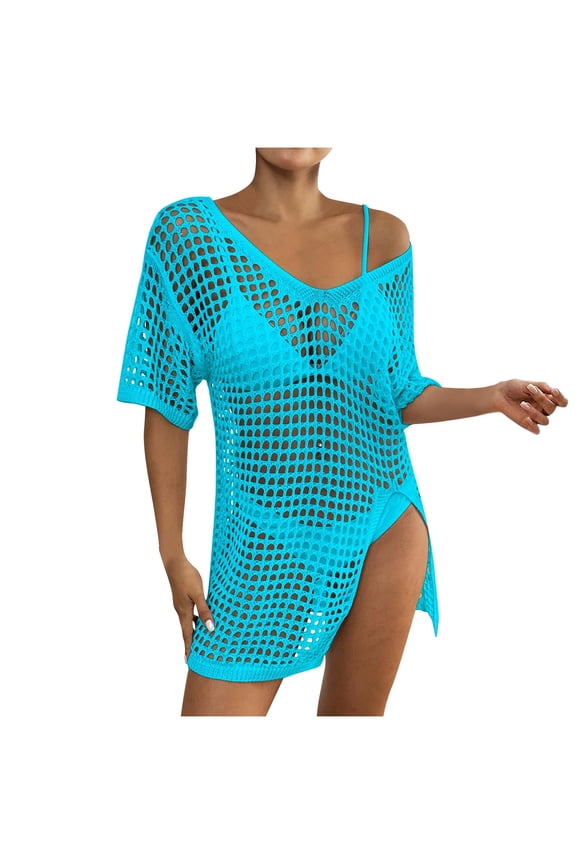 Womens Swim Coverups Mini Dress See Through V Neck Short Sleeve Swimwear Bikini Vacation Beach Dress