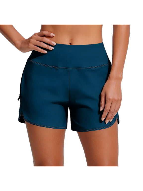 Womens Swim Shorts Side Split Swim Trunk Quick Dry Board Shorts with Zipper Pockets Swimwear