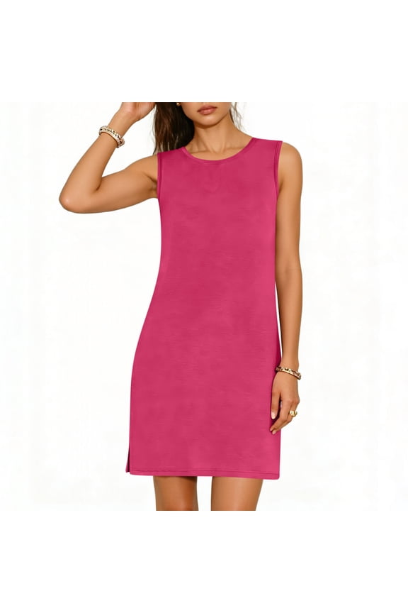 Womens Tank Dress Casual Comfort Sleeveless Round-Neck Solid Color Basic Side Slit Summer Sundress