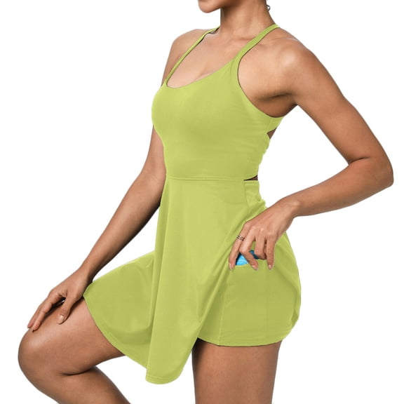 ShomPort Womens Tennis Dress Activewear with Shorts Lined and Pocket Wicking Open Back Athletic Dress