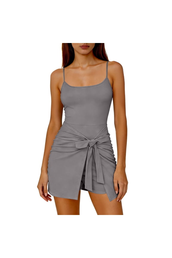 Womens Tennis Dress Workout Built in Shorts Wrap Skirt Rompers Spaghetti Straps Slim Athletic Dress