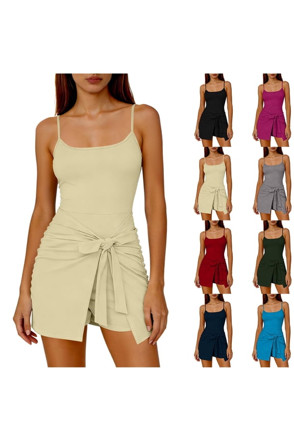 Womens Tennis Dress Workout Built in Shorts Wrap Skirt Rompers Spaghetti Straps Slim Athletic Dress