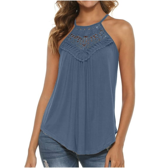 ShomPort Womens Tops Summer Casual Sleeveless Hollow out Halter Neck Shirts Pleated Solid Color Trendy Blouses (XX-Large, Navy)