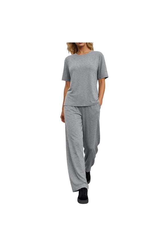 Womens Tshirt and Pant Set Summer Short Sleeve Basic Blouse and Elastic Waist Loose Long Pants with Pockets