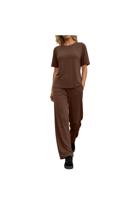 Womens Tshirt and Pant Set Summer Short Sleeve Basic Blouse and Elastic Waist Loose Long Pants with Pockets