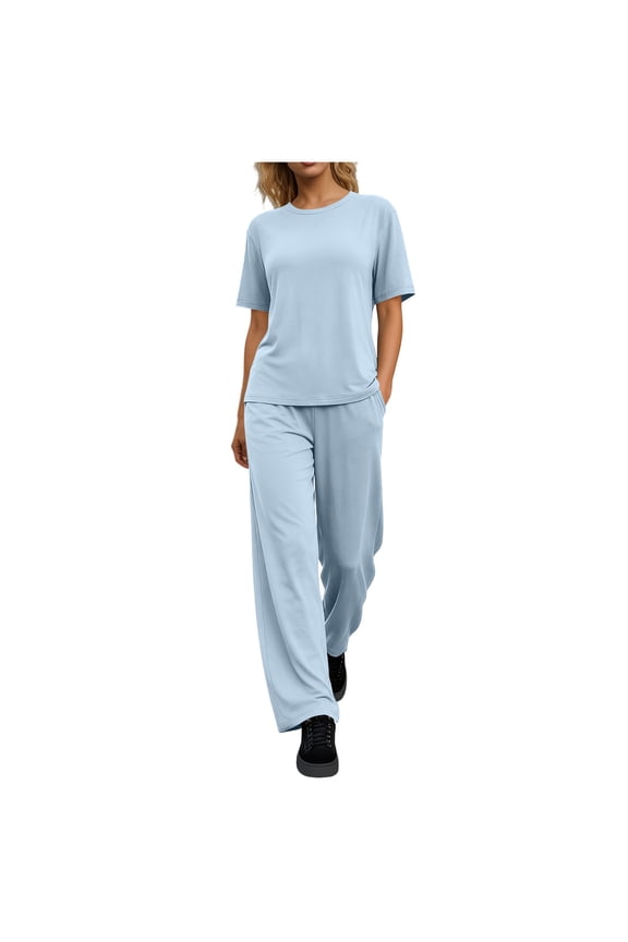 Womens Tshirt and Pant Set Summer Short Sleeve Basic Blouse and Elastic Waist Loose Long Pants with Pockets